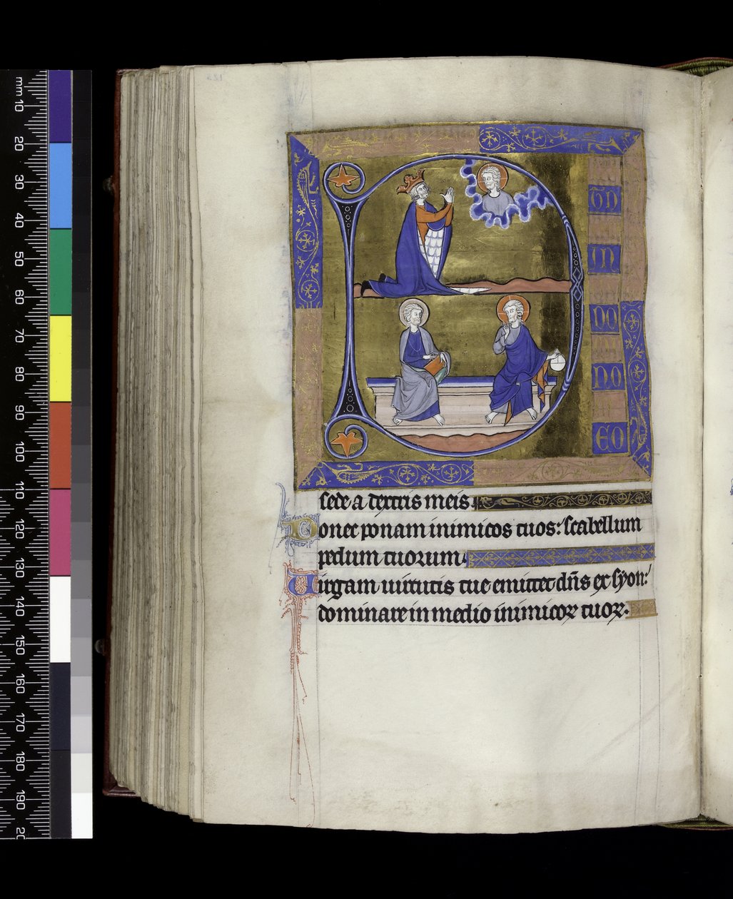 MS 300 f.125v, David ora a Deus (acima); Deus com orbe e Cristo com livro sentado no banco (abaixo), do Saltério e Horas de Isabel de França, Paris, c.1265-70 (caneta e tinta e têmpera em pergaminho) de French School