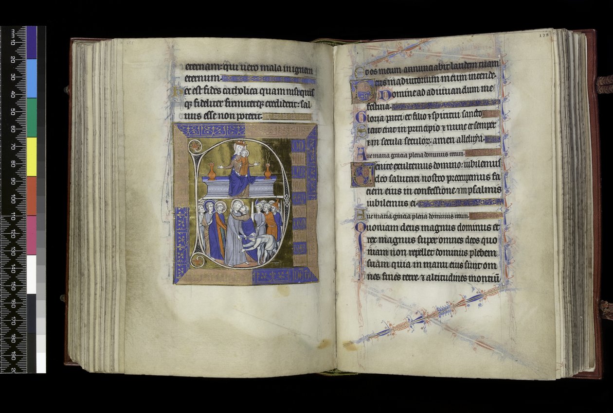 MS 300 f.177v-178r, Matins, Virgem e Criança sentados entre dois vasos no banco (acima); Traição de Cristo, com Judas beijando Cristo, e São Pedro cortando a orelha de Malco (abaixo), do Saltério e Horas de Isabel de França, Paris, c.1265-70 (caneta & de French School