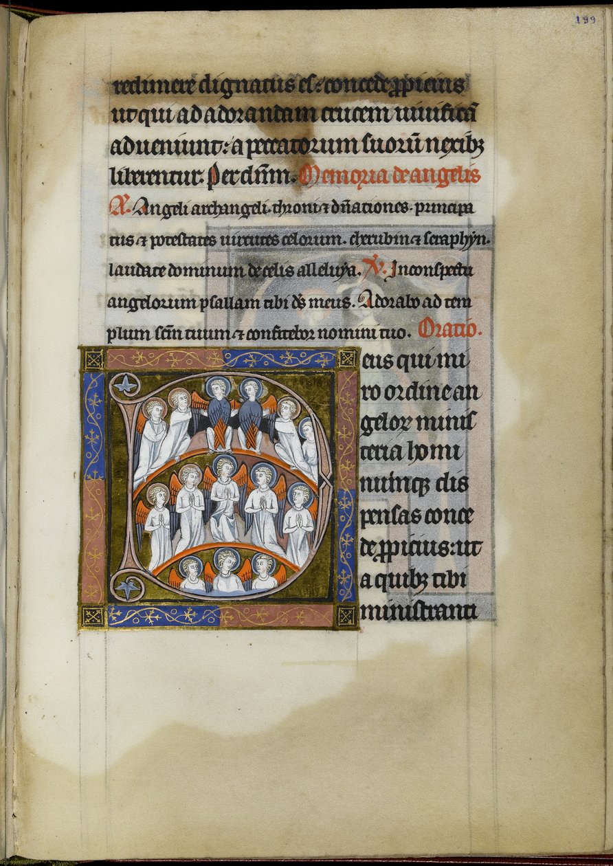 MS 300 f.199r, sufrágio aos anjos, fólio do Psalter-Hours de Isabelle de França, c.1265-70 (caneta e tinta, tempera e ouro sobre velino) de French School