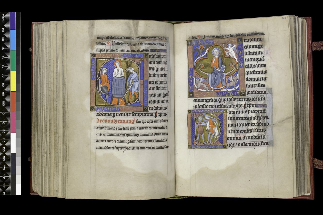 MS 300 f.201v-202r, Sufrágio a São João e Sufrágio aos Santos Inocentes, do Saltério e Horas de Isabel da França, Paris, c.1265-70 de French School