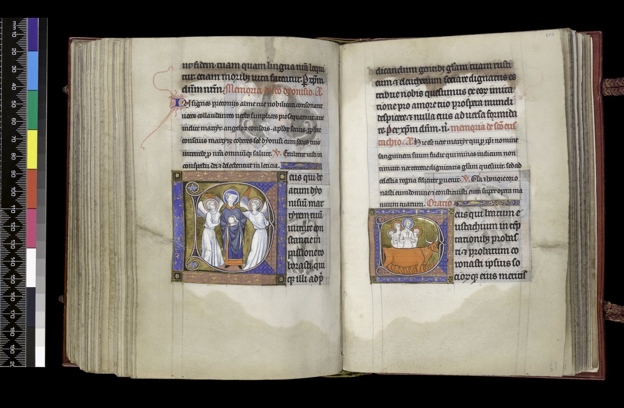 MS 300 f202v-203r, Suffrage to St Denis e Suffrage to St Eustace, do Saltério e Horas de Isabel da França, Paris, c.1265-70 de French School