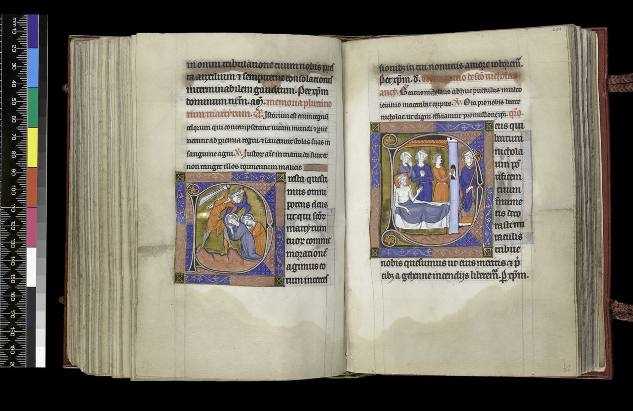 MS 300 f203v-204r, Sufrágio aos Mártires e Sufrágio a São Nicolau, fólio do Saltério e Horas de Isabel da França, Paris, c.1265-70 de French School