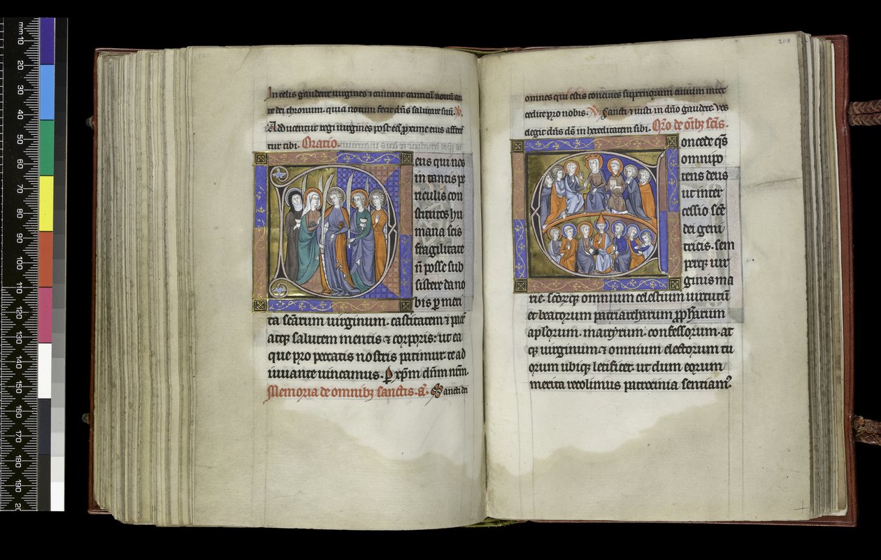 MS 300 f.207v-208r, Suffrage to Virgins and Suffrage to All Saints, from the Psalter and Hours of Isabella of France, Paris, c.1265-70 (caneta e tinta e têmpera em pergaminho) de French School