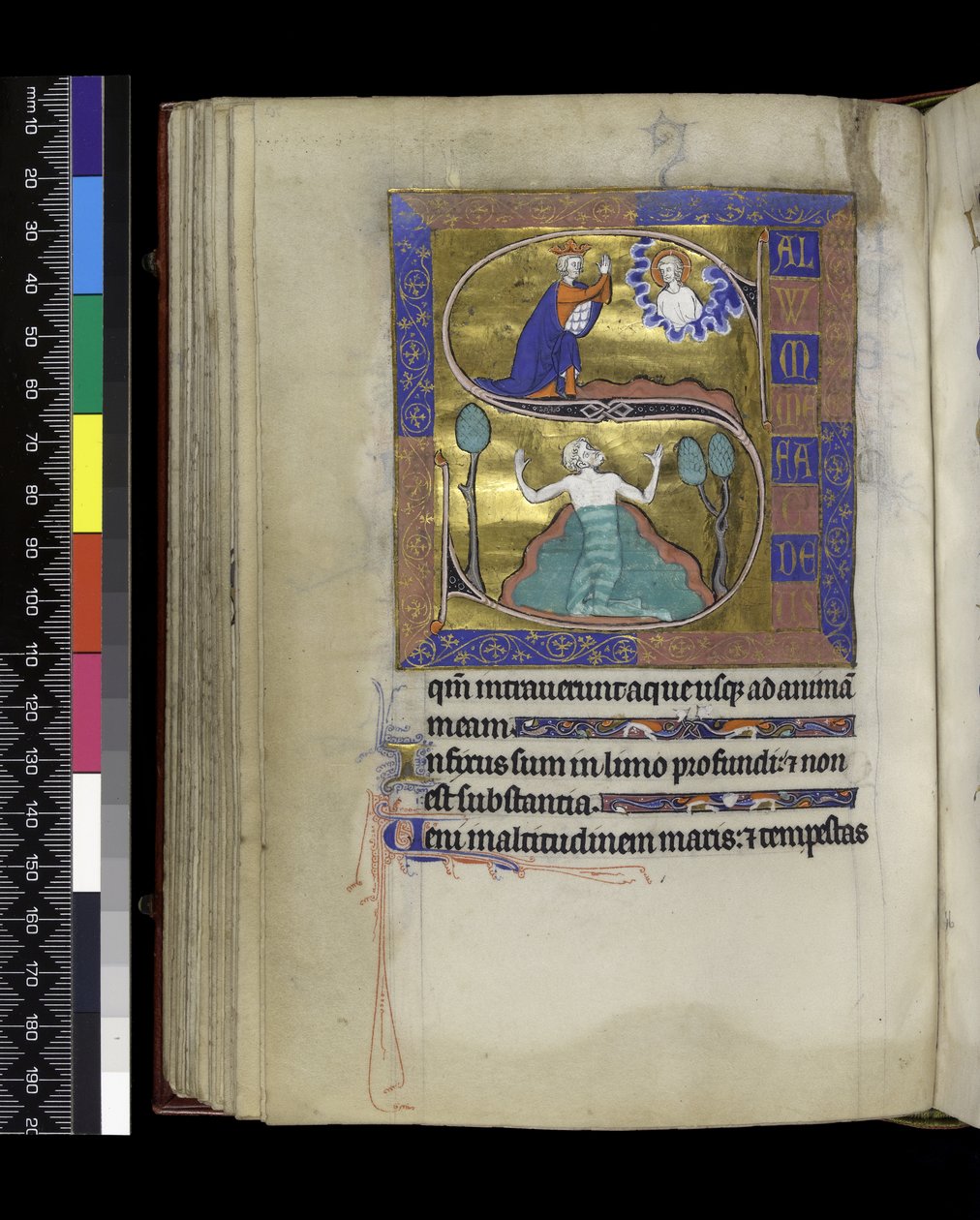 MS 300 f.70v, David reza a Deus (acima), David afunda na água (abaixo), do Saltério e Horas de Isabel de França, Paris, c.1265-70 (caneta e tinta e têmpera em pergaminho) de French School