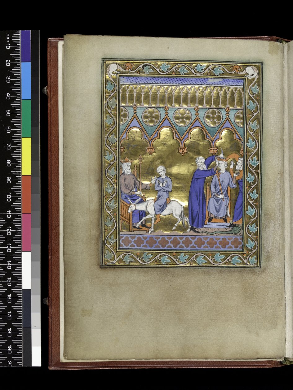 MS 300 f.Vv, David, entronizado, envia Salomão a Sadoc e Nathan que o coroam e ungem, do Saltério e Horas de Isabel da França, Paris, c.1265-70 de French School