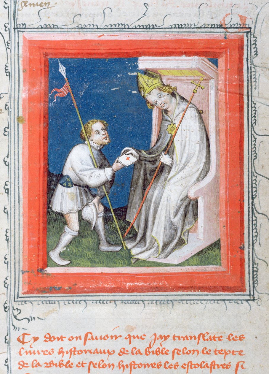 Mensageiro do MS 313 dando uma carta do rei da França a um bispo, em miniatura da Bíblia de Guiart des Moulins de French School