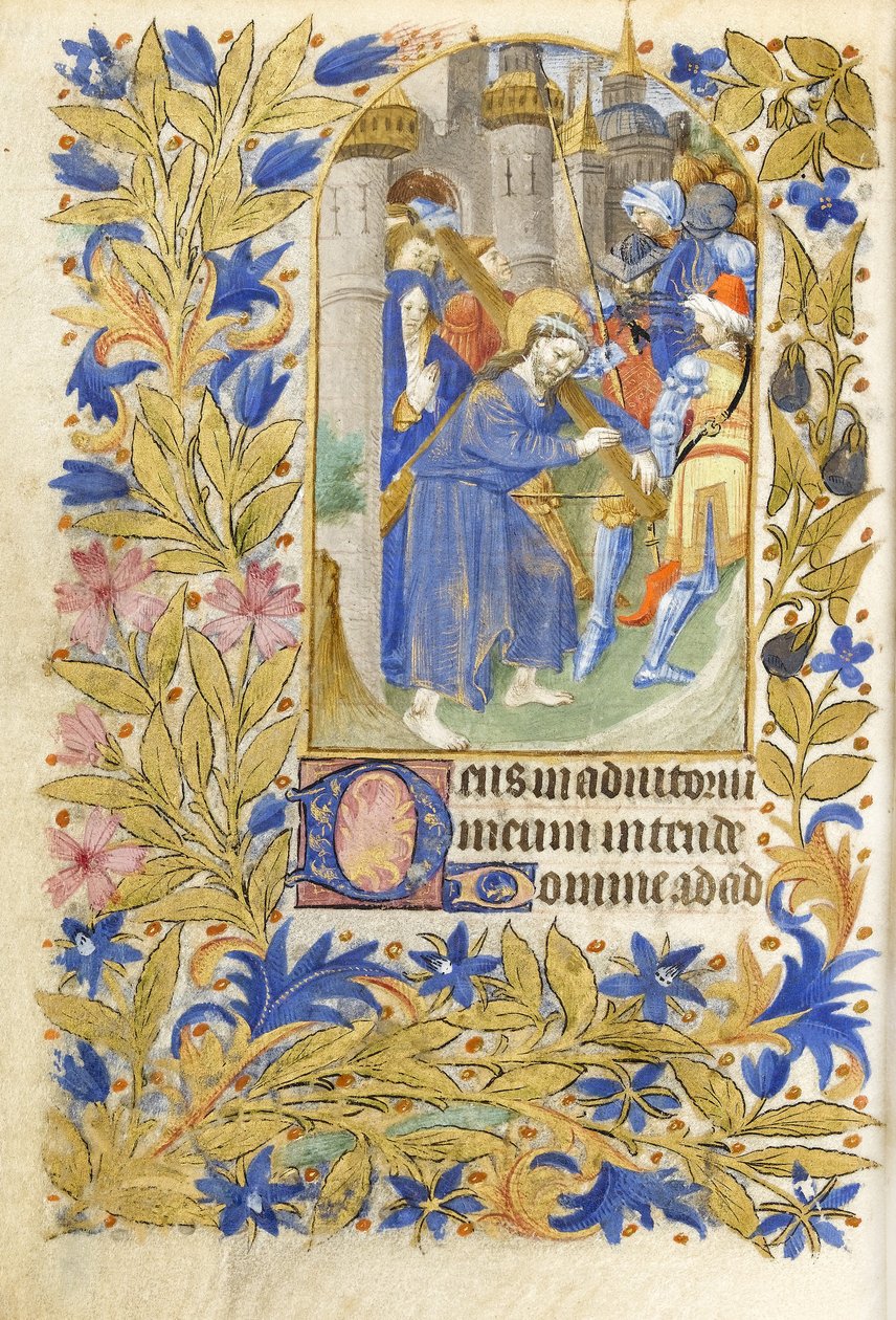 MS 39-1950 f.146v Cristo carregando a cruz, 1464 (tinta dourada, prata e colorida em pergaminho) de French School