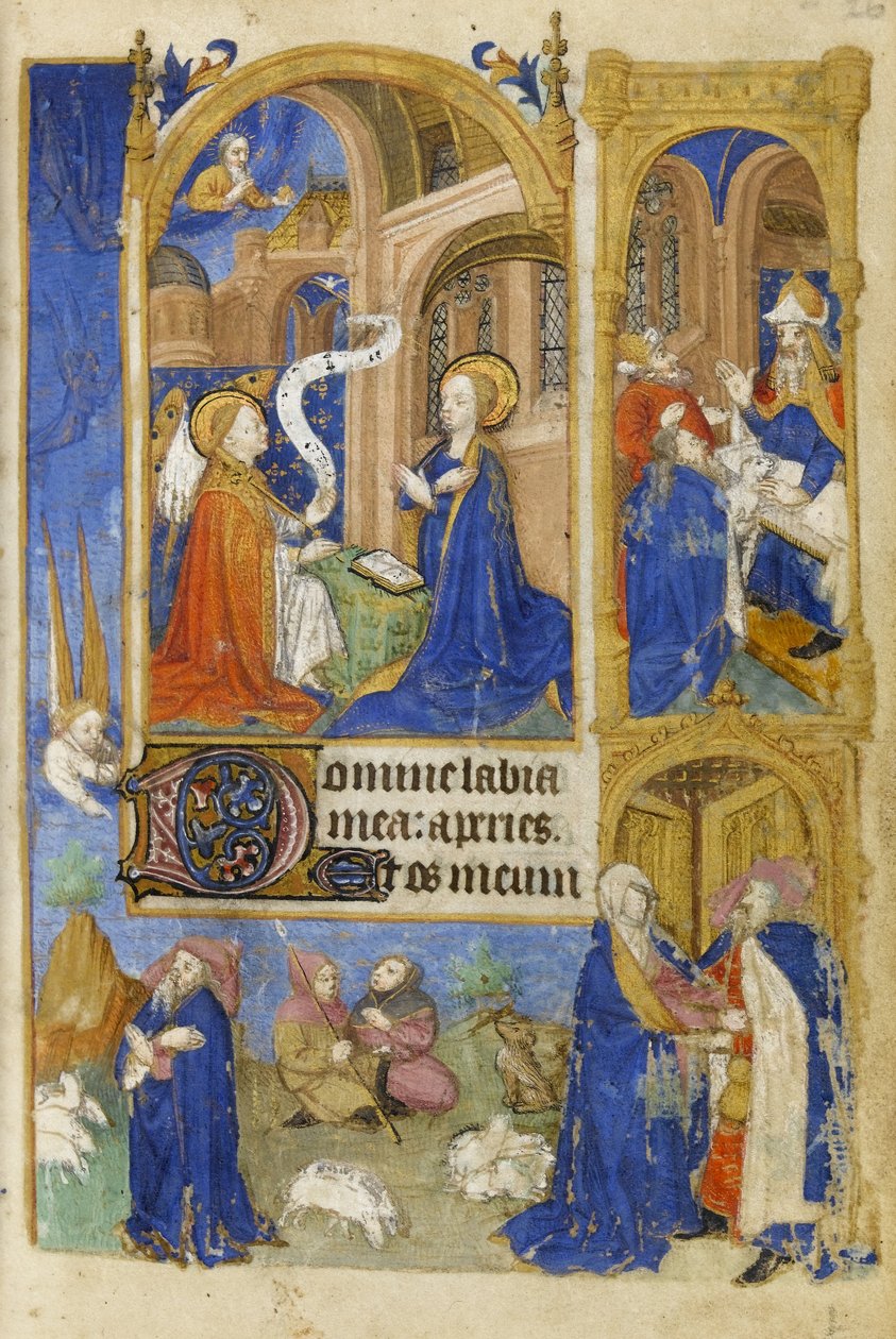 MS 39-1950 f.26r A Anunciação e Anunciação aos Pastores, 1464 (tinta dourada, prateada e colorida em pergaminho) de French School