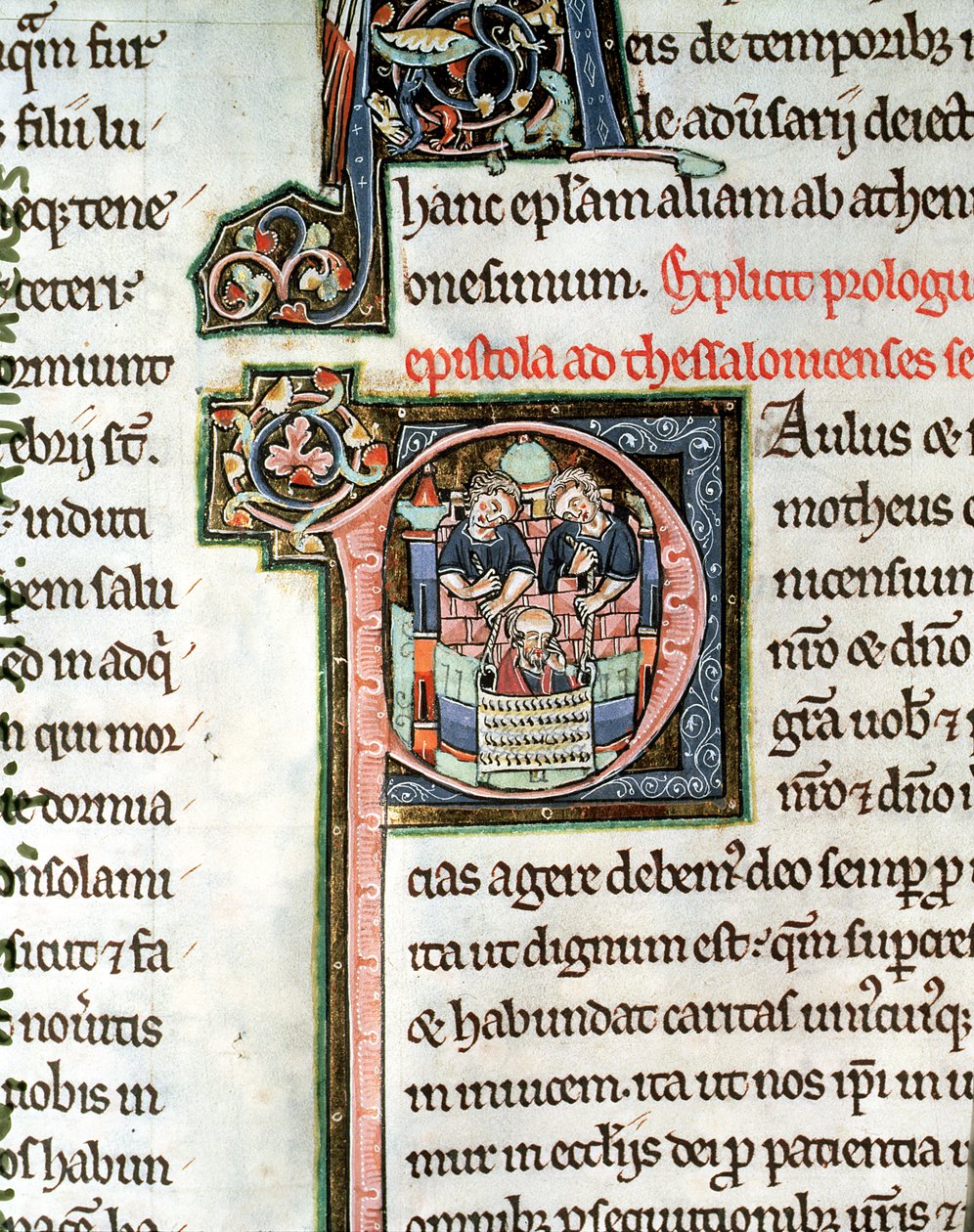 MS 3 Fol. 291v A fuga de São Paulo de Damasco, iluminada letra inicial P, do século 13, da Bíblia Avranches de French School