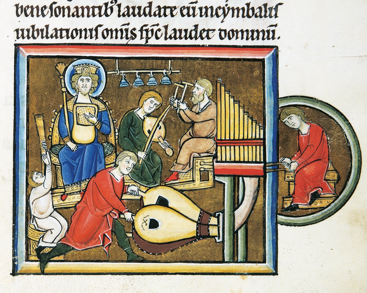 MS CXXXVII fol. 149r, Rei David segurando o saltério e músicos tocando, do Saltério de Santa Isabel (tempera & folha de ouro em velino) de French School