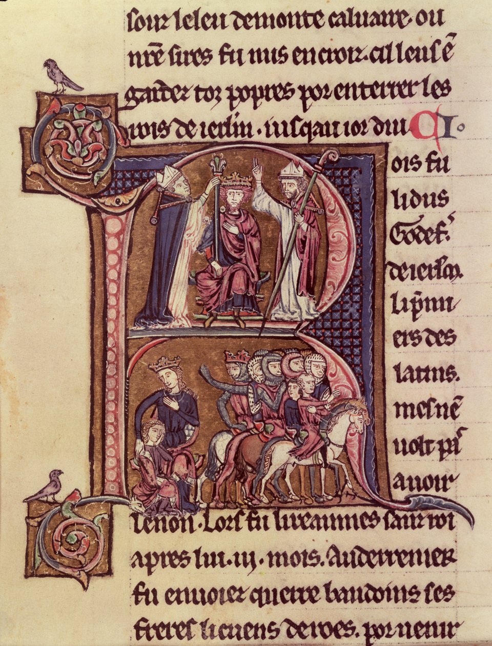 MS Fr 9081 f.99v Historiated R inicial mostrando o rei Baldwin I de Flandres (1171-1205) sendo coroado como o imperador latino em 1204 e sua generosidade para com uma mulher turca mandando seu filho embora de French School