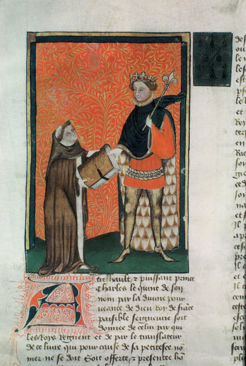 MS Hunter 8 f.9r O tradutor Courbichon apresentando o livro a Charles V de French School