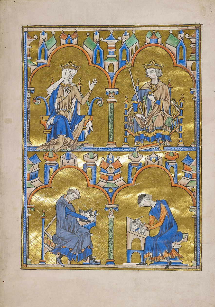 MS M.240 f.8r, Blanche de Castela e Rei Luís IX da França e abaixo: Autor Ditando para um Escriba, Bíblia de São Luís (Bíblia moralizada), provavelmente Paris de French School