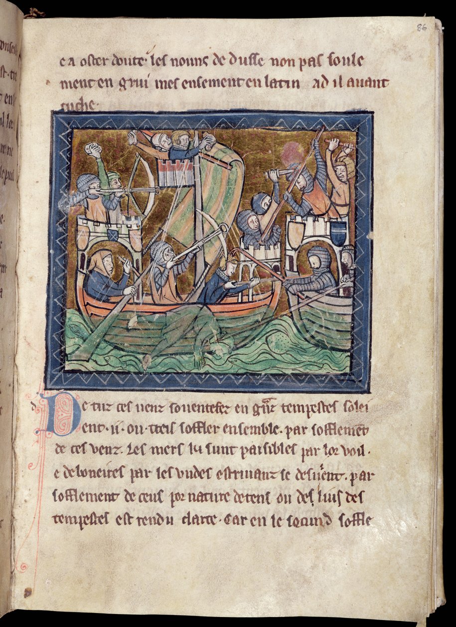 MS Marlay Adicionar 1 f.86 Página de texto com iluminação de uma batalha no mar, de De Re Militari, c.1270 de French School