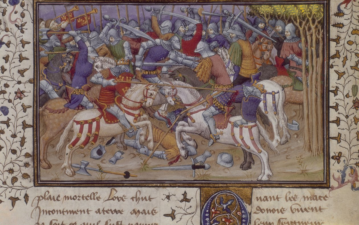 MS Royal 20 B.XX fol.16v Derrota de Filipe por Pausanias, com cavaleiros montados lutando, de 