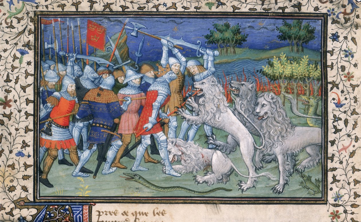 MS Royal 20 B.XX fol.50v Alexander the Great (356-323 BC) batalha com leões brancos, de 