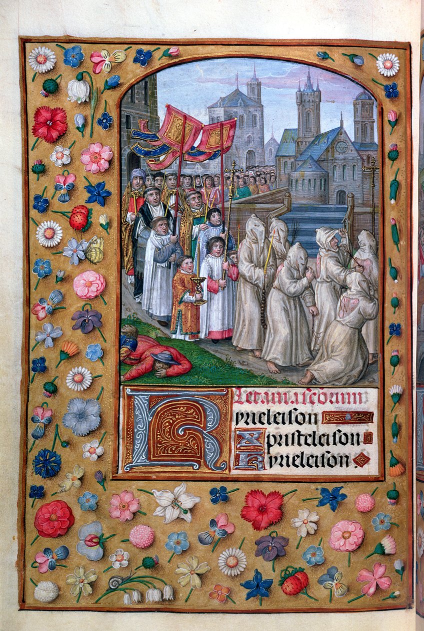 MS Vol. 137 f.136v A Procissão do Papa Gregório I (c.540-604) através de Roma em 590, das ladainhas de um Livro de Horas, francês, início do século XVI de French School