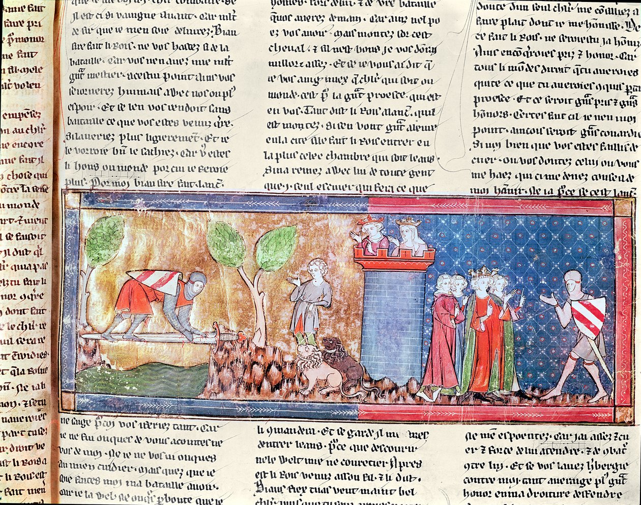 M. 806 f.166 Lancelote prova o seu amor por Guinevere ao atravessar um rio ligado por uma espada afiada, do Roman de Lancelot du Lac, 1344 de French School
