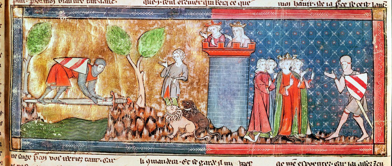 M. 806 f.166 Lancelote prova o seu amor por Guinevere ao atravessar um rio ligado por uma espada afiada, do Roman de Lancelot du Lac, 1344 de French School