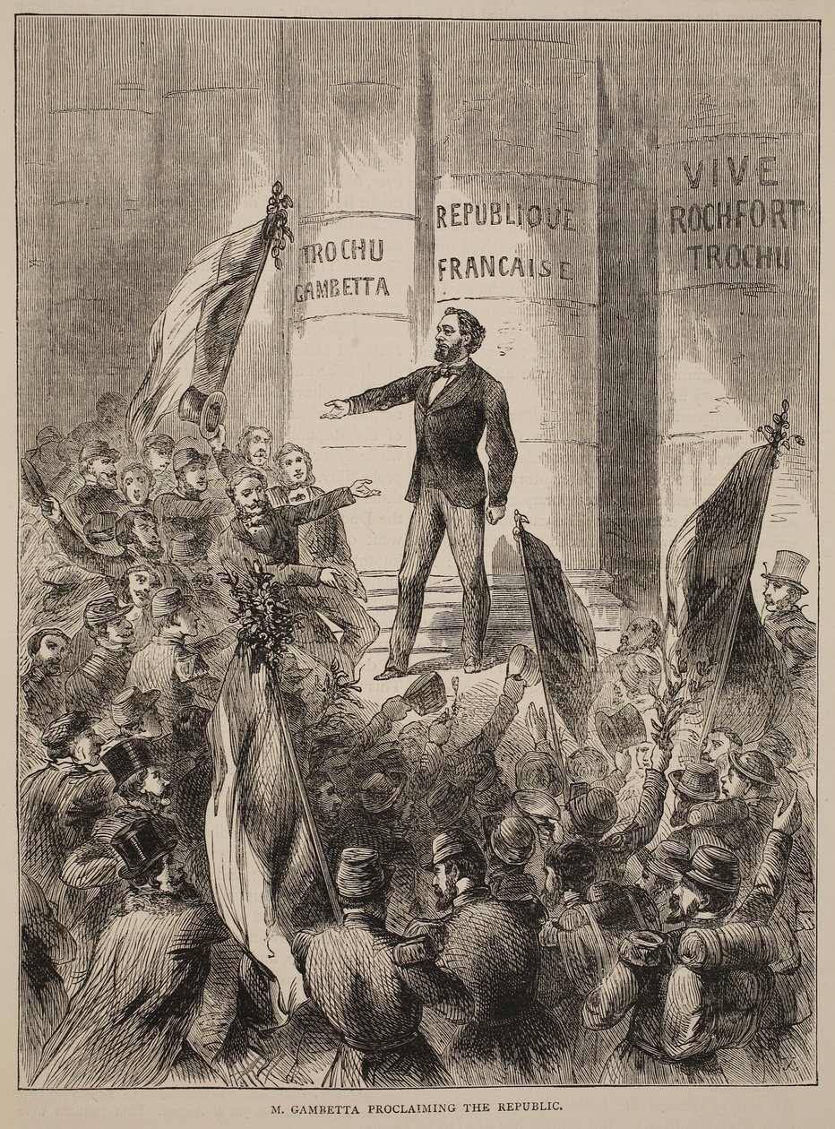 M. Gambetta proclamando a República, em setembro de 1870, ilustração de Cassells História da Guerra entre a França e a Alemanha, 1870-1871 de French School