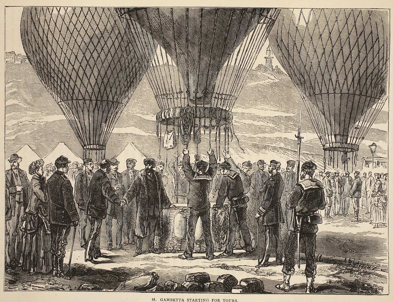 M. Gambetta começando por Tours, ilustração de Cassells História da Guerra entre a França e a Alemanha, 1870-1871 de French School