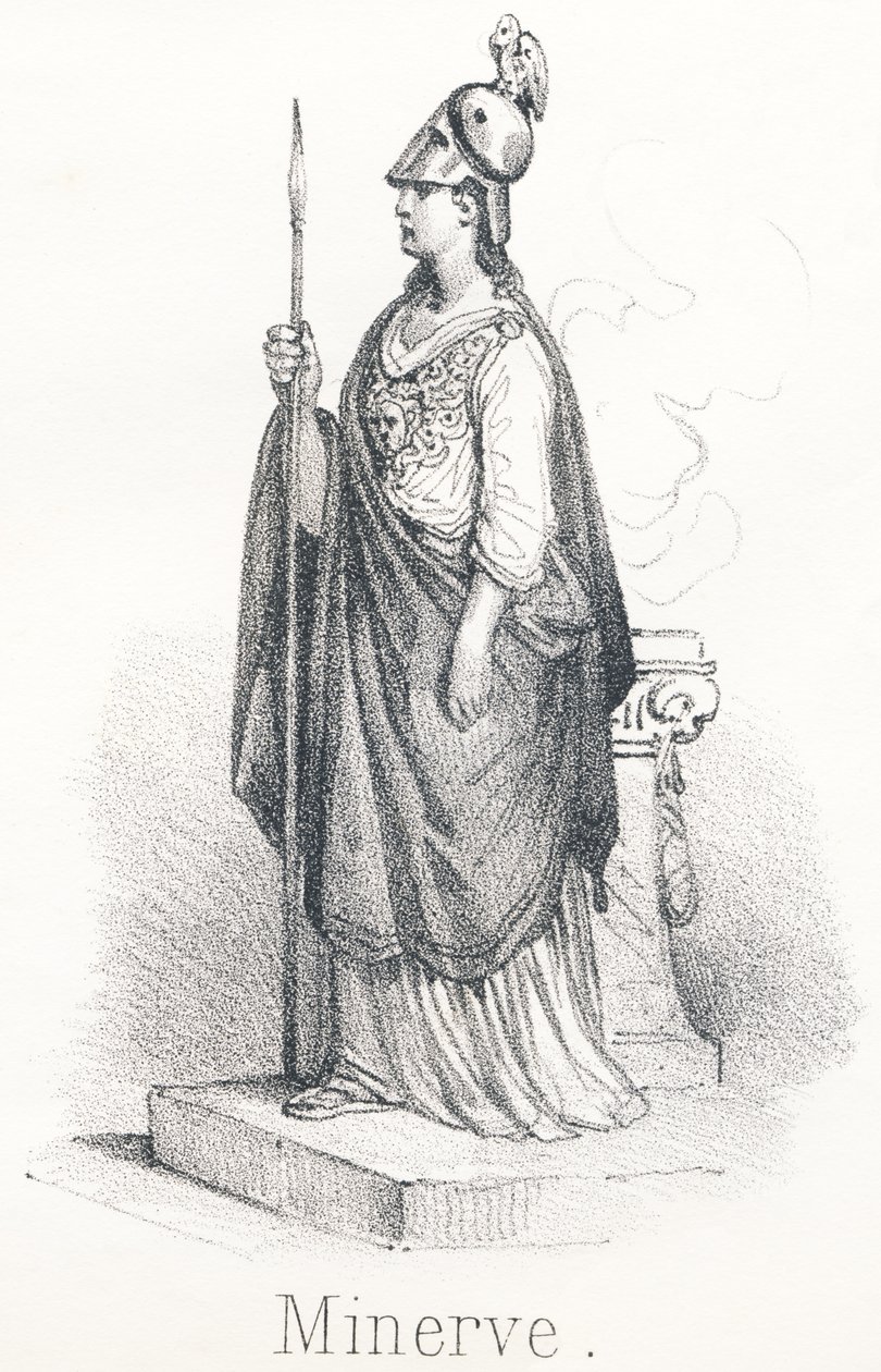 M Minerva: Deusa da cabeça de Júpiter, armada com o pé na capa e a lança na mão Sob o nome de Minerva, ela era deusa da sabedoria e sob o nome de Pallas, ela era deusa da guerra. de French School