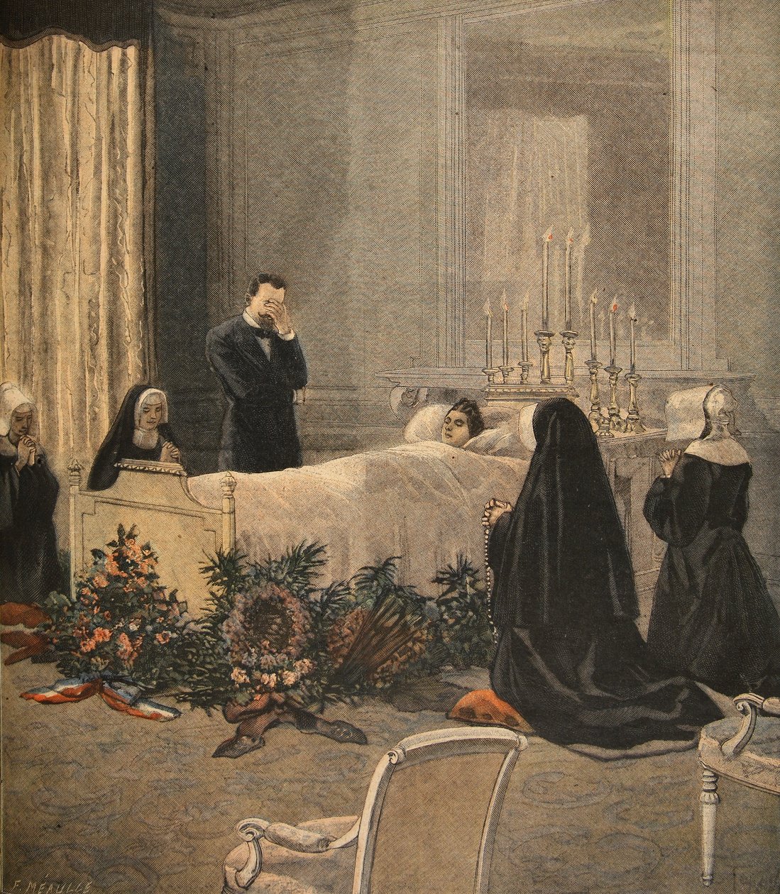 Madame Carnot em seu leito de morte, ilustração do Le Petit Journal: Supplement illustre, 16 de outubro de 1898 de French School