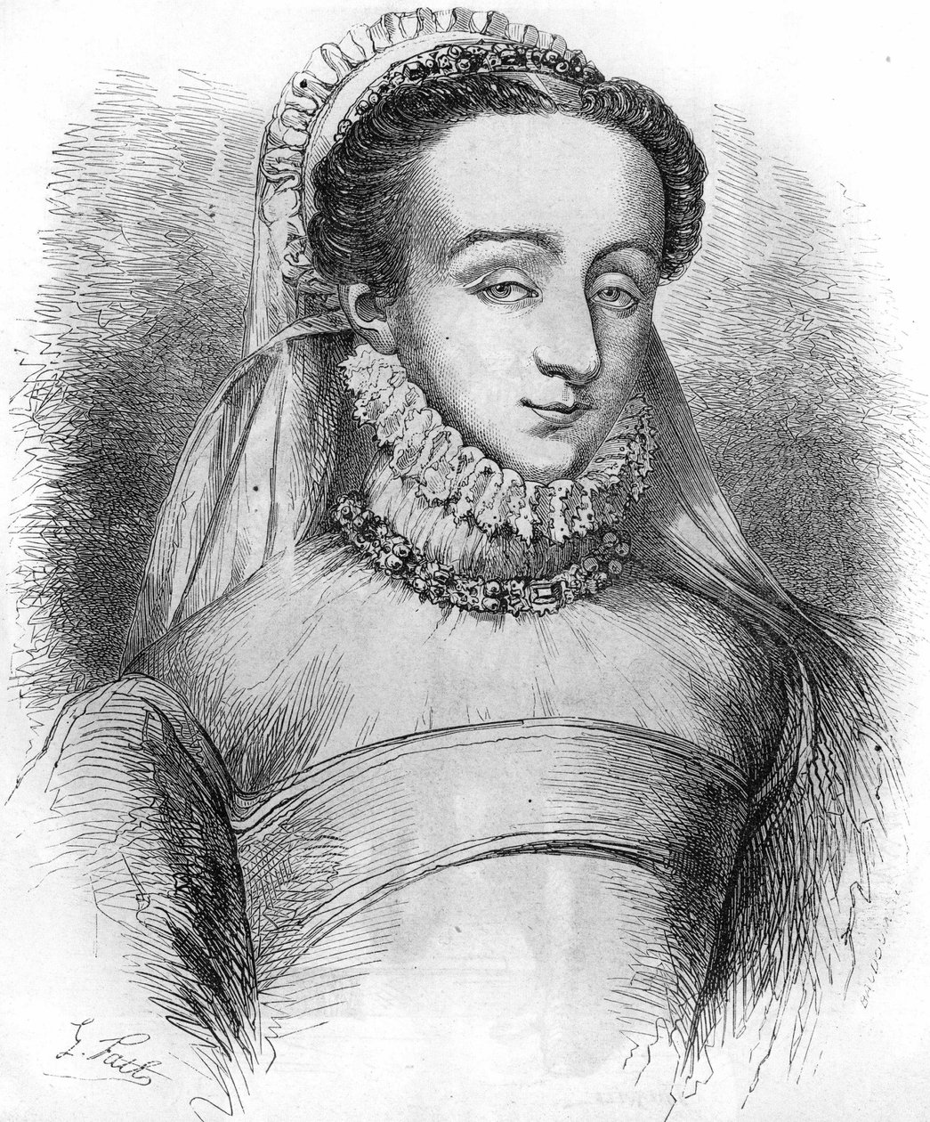 Madame de Sauve (uma das mulheres usadas por Catherine de Medicis (Caterina de Medici), para manter anotações sobre o povo do tribunal). Também conhecida como Charlotte de Beaune, Baronesa de Sauve, depois como Marquesa de Noirmoutier, amante de Henri IV.  de French School