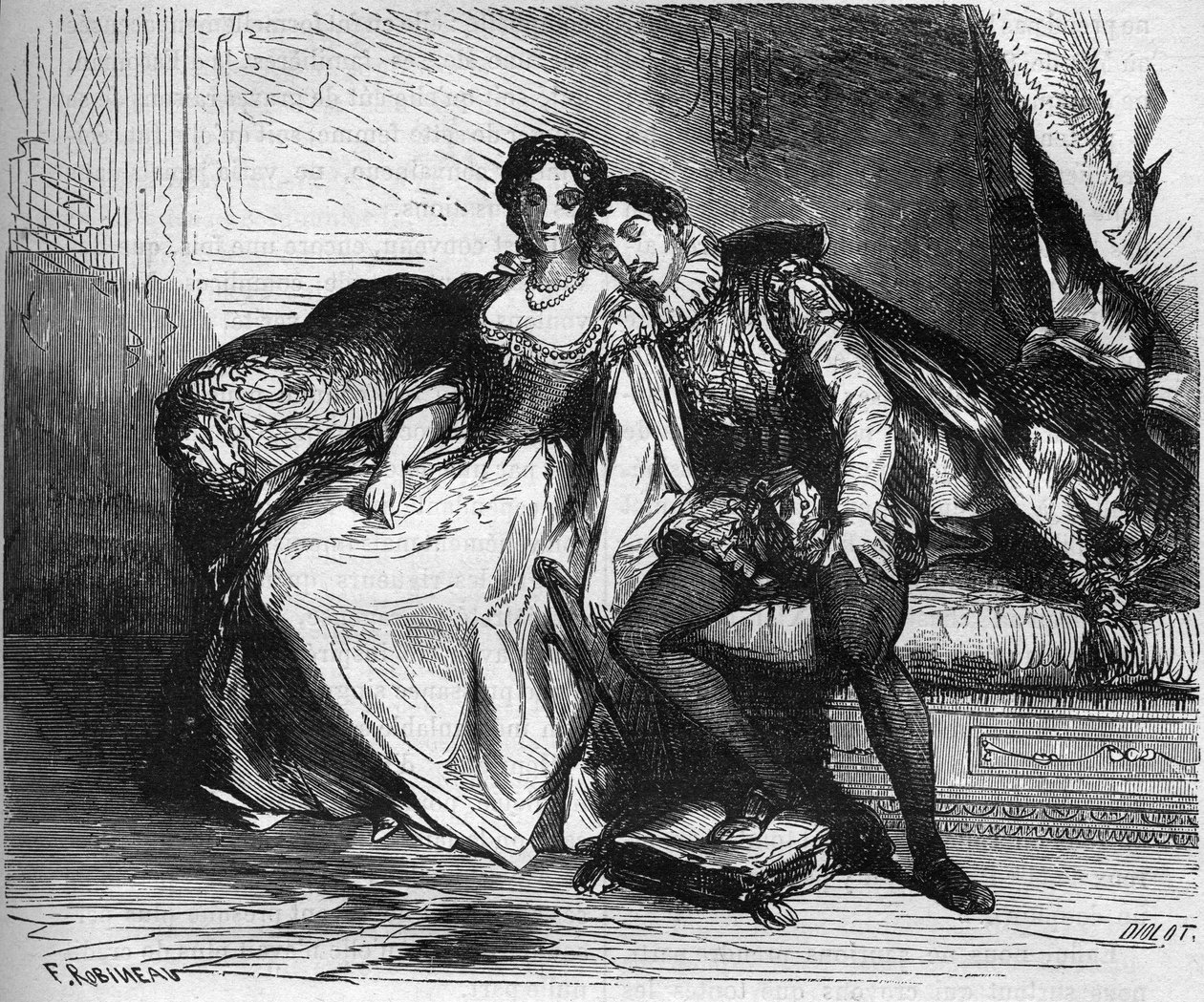 Madame de Sauve, em representação da Rainha Catarina de Medicis, seduziu o Rei Henrique de Navarra (1553-1610). Gravação em "A história da prostituição e do deboche entre todos os povos do mundo desde a antiguidade até os dias de hoje" pelo Dr. Th. -F. Deb de French School