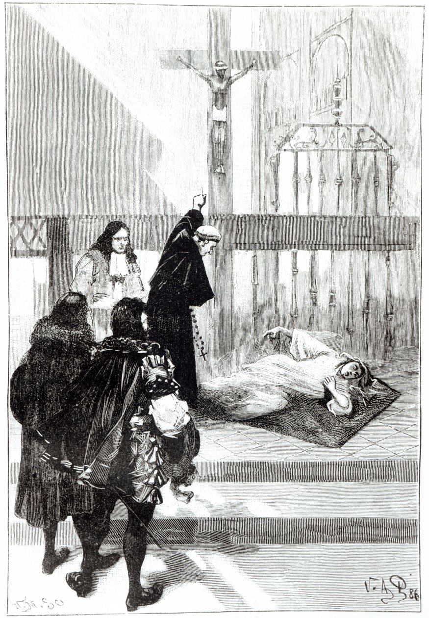 Madame de Sazilles é exorcizada na presença do duque Gaston d&39;Orléans, ilustração para os possuidores de Loudun em Les Mysteres de Ia Science, de Louis Figuier, 1886 de French School