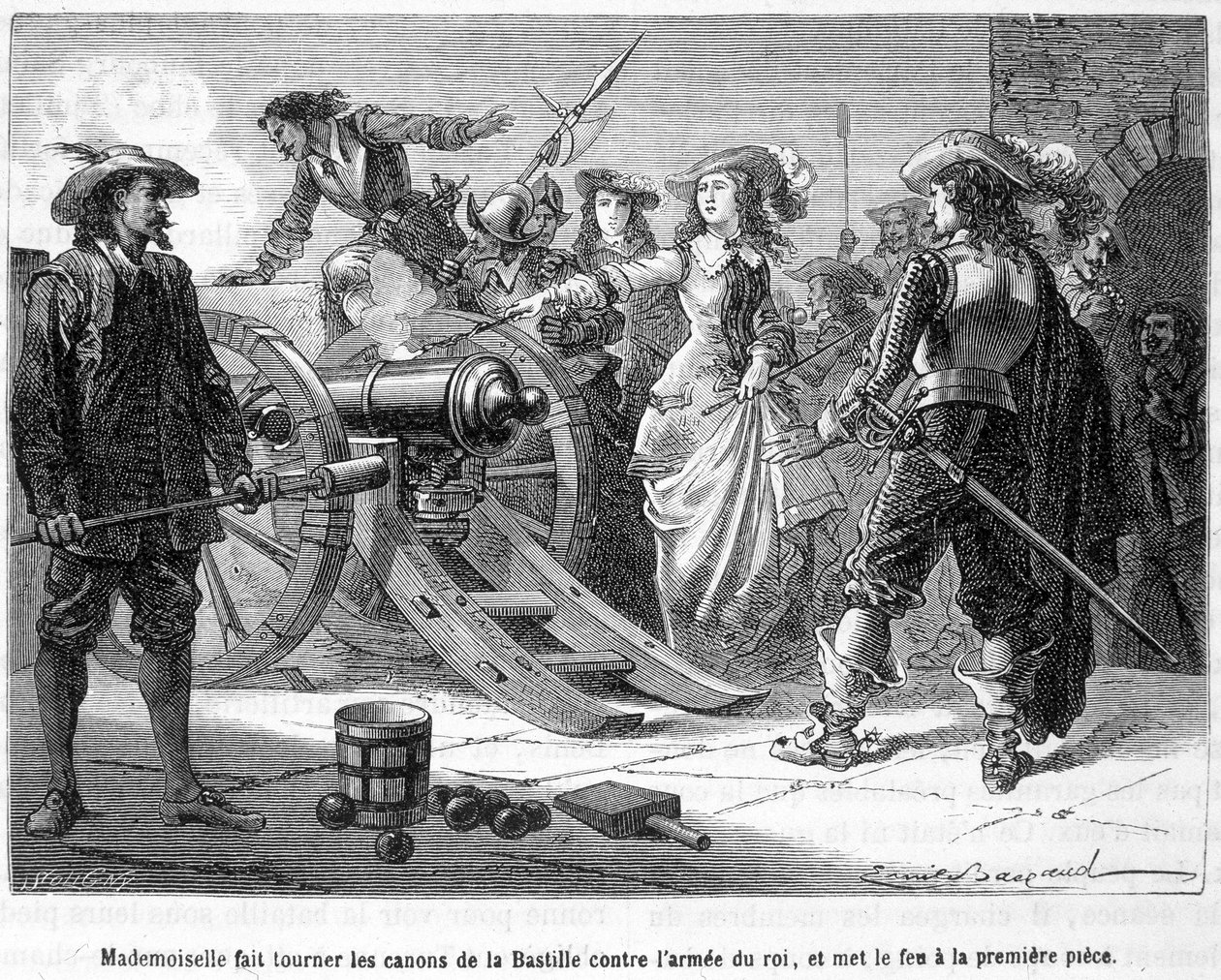 Mademoiselle (Grande Mademoiselle = Duchesse de Montpensier) virou as armas da Bastilha contra o exército do rei, e ateou fogo à primeira peça - no "Histoire de France populaire" de Henri Martin. de French School