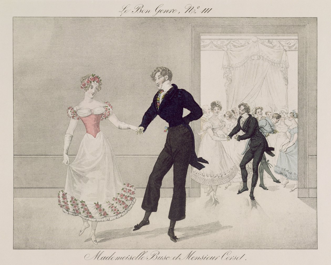 Mademoiselle Busc e Monsieur Corset, placa 111 do Good Gender, c.1810 (gravura colorida) de French School