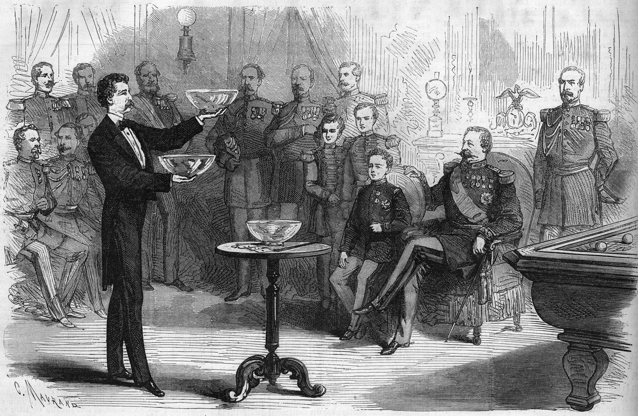 Espectáculo de magia dado pelo Sr. Faure Nicolay no acampamento dos Chalons na presença do Imperador Napoleão III (1808-1873) e seu filho Príncipe Imperial (1856-1879) de French School