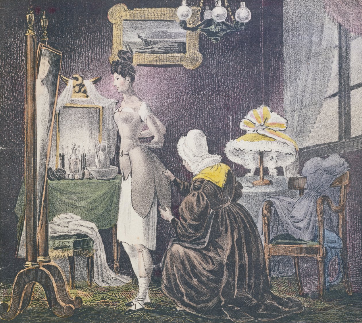 Empregada auxiliando sua amante a vestir-se em estofamento para seios e parte inferior, c.1830 de French School