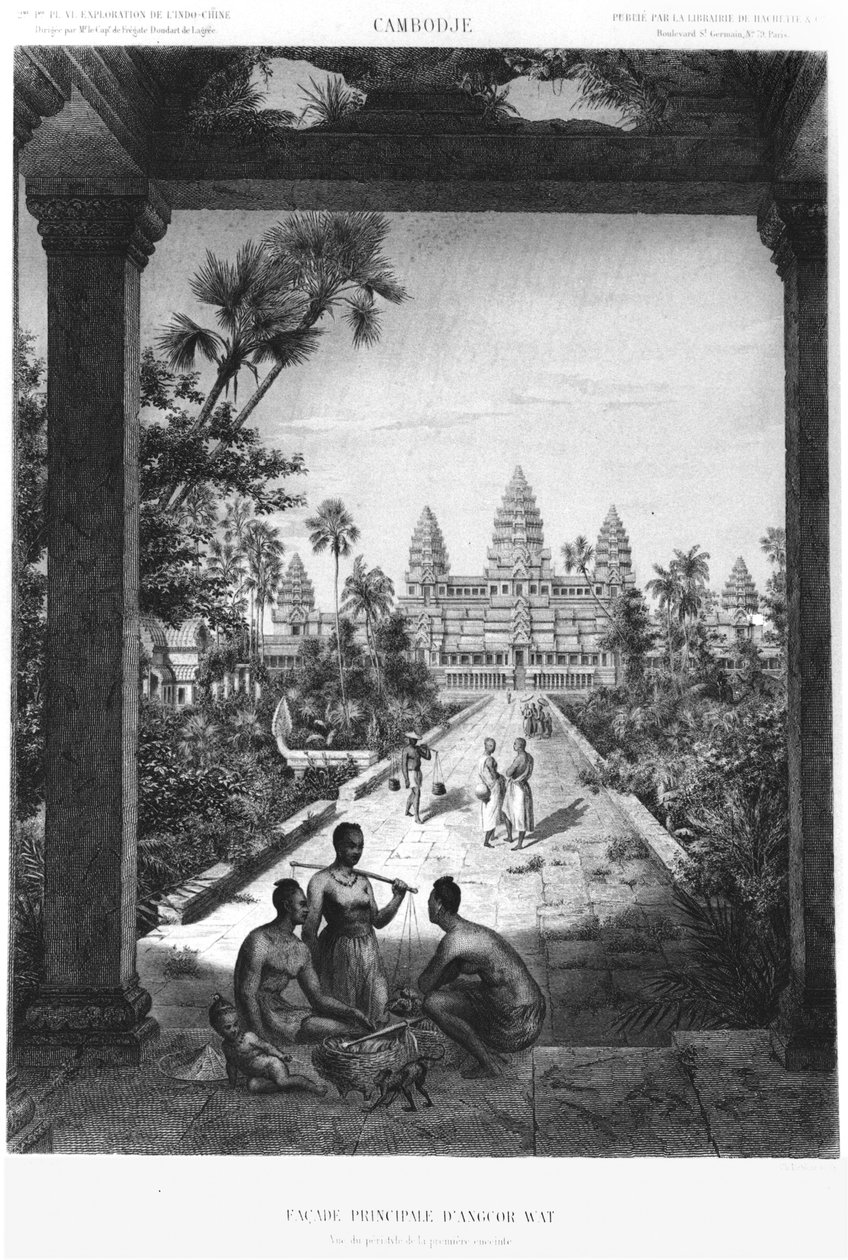 Fachada principal de Angkor Wat, ilustração do Atlas da viagem de exploração na Indochina, 1866-68 por Doudart de Lagree, publicado em 1873, Paris, Hachette de French School