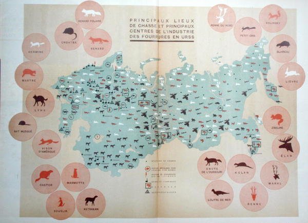 Principais áreas de caça e centros da indústria das peles na URSS, ilustração do 