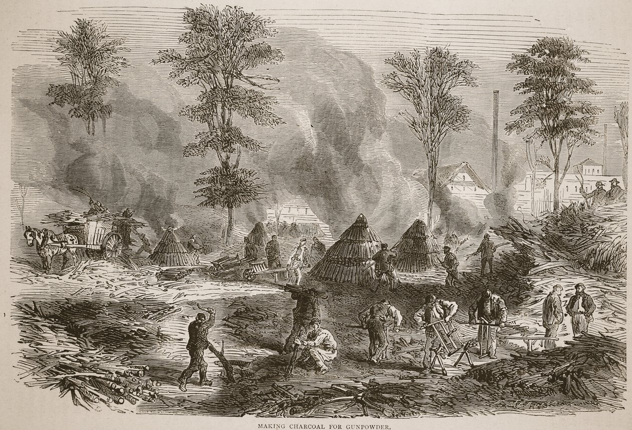 Fazendo carvão para pólvora, ilustração da história de Cassells da guerra entre a França e a Alemanha, 1870-1871 de French School