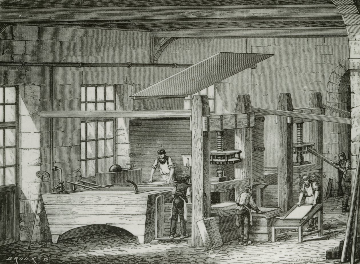 Fazer papel à mão, peneirando a polpa em formas. Gravação c1870. de French School