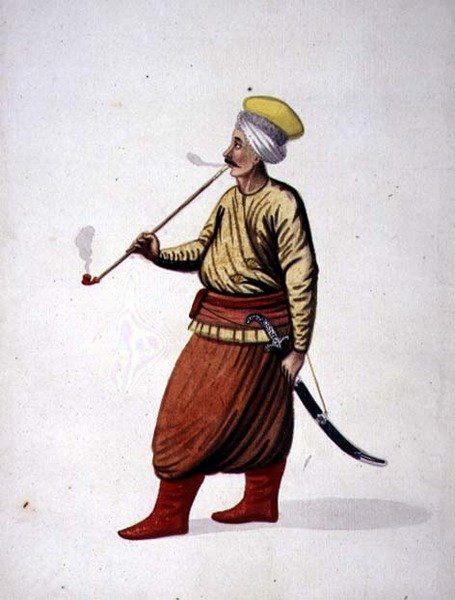 Homem Fumando Cachimbo, período Otomano, terceiro quarto do século XVIII (aguarela sobre papel) de French School