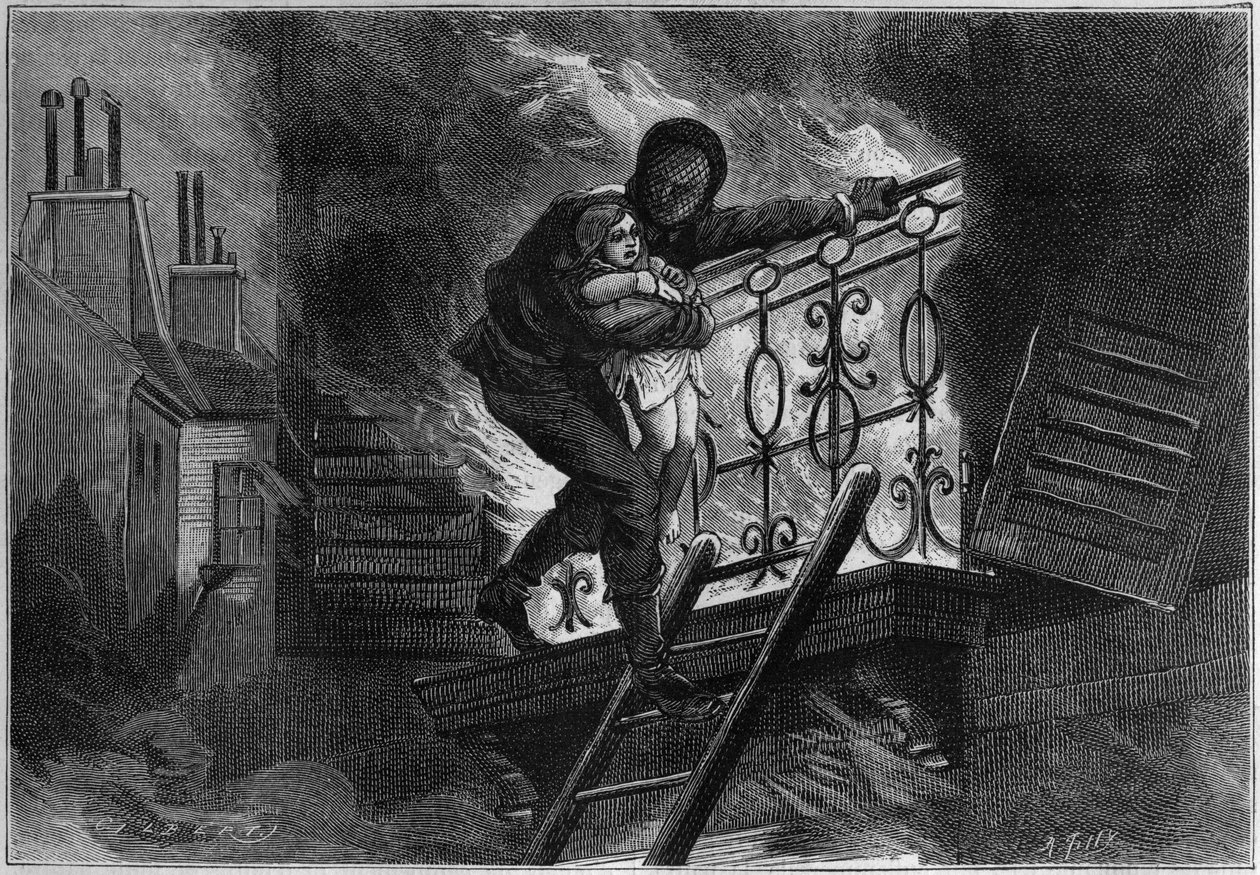 Homem vestido com um fato incombustível, salvando uma criança de um incêndio. Gravura em "La Nature". Revue des sciences et de ses applications aux arts et a l
