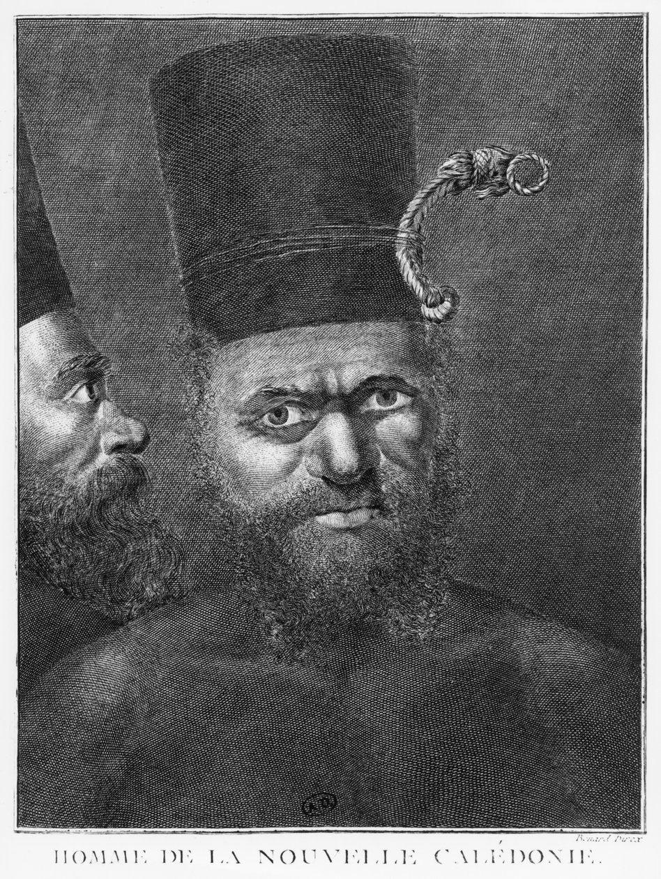 Homem da Nova Caledônia, ilustração da segunda viagem do capitão James Cook, gravada por Benard (século XVIII) 1774 de French School