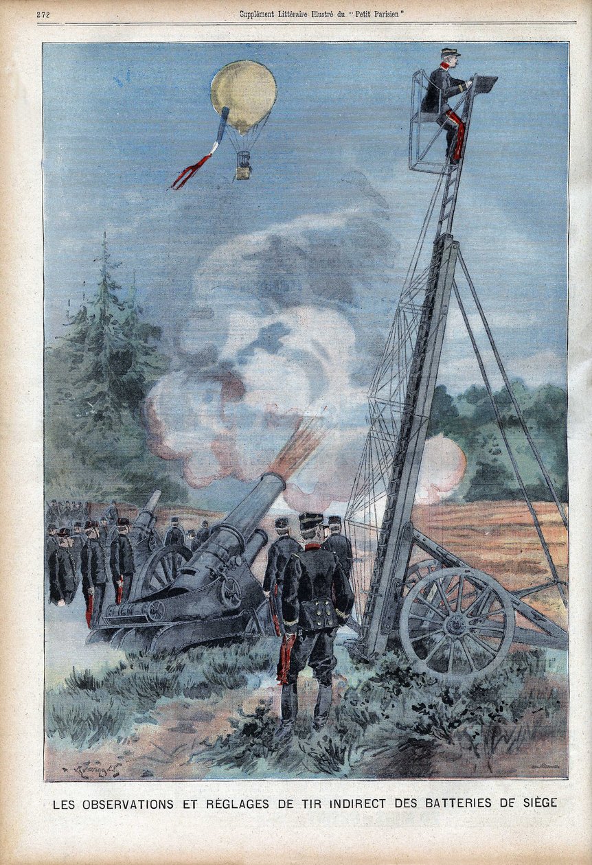 Manobra e observação pelo Armee francês em Langres com uma escada Gugumus para testar o disparo das armas, em "Le Petit Parisien", no dia 26/08/1906 (gravura) de French School