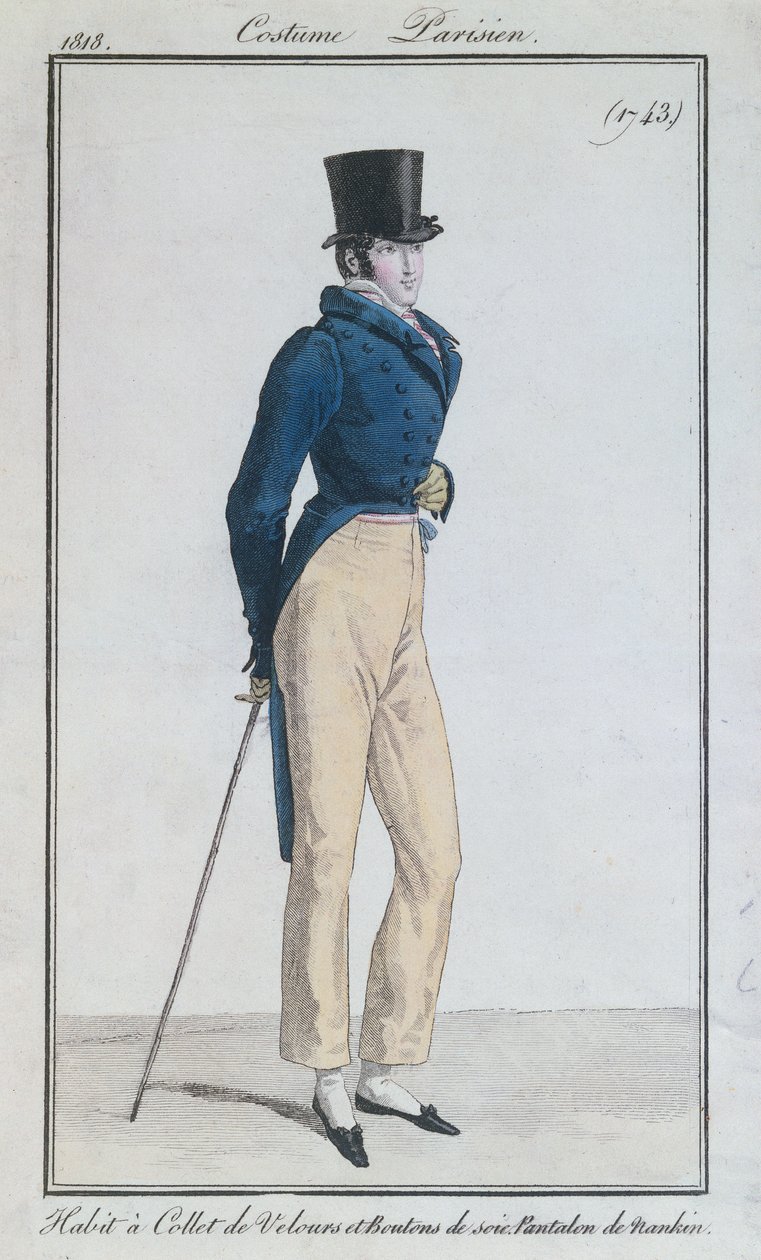 Equipa o fato com gola de veludo, botões de seda e calças de nanquim, 1816 de French School