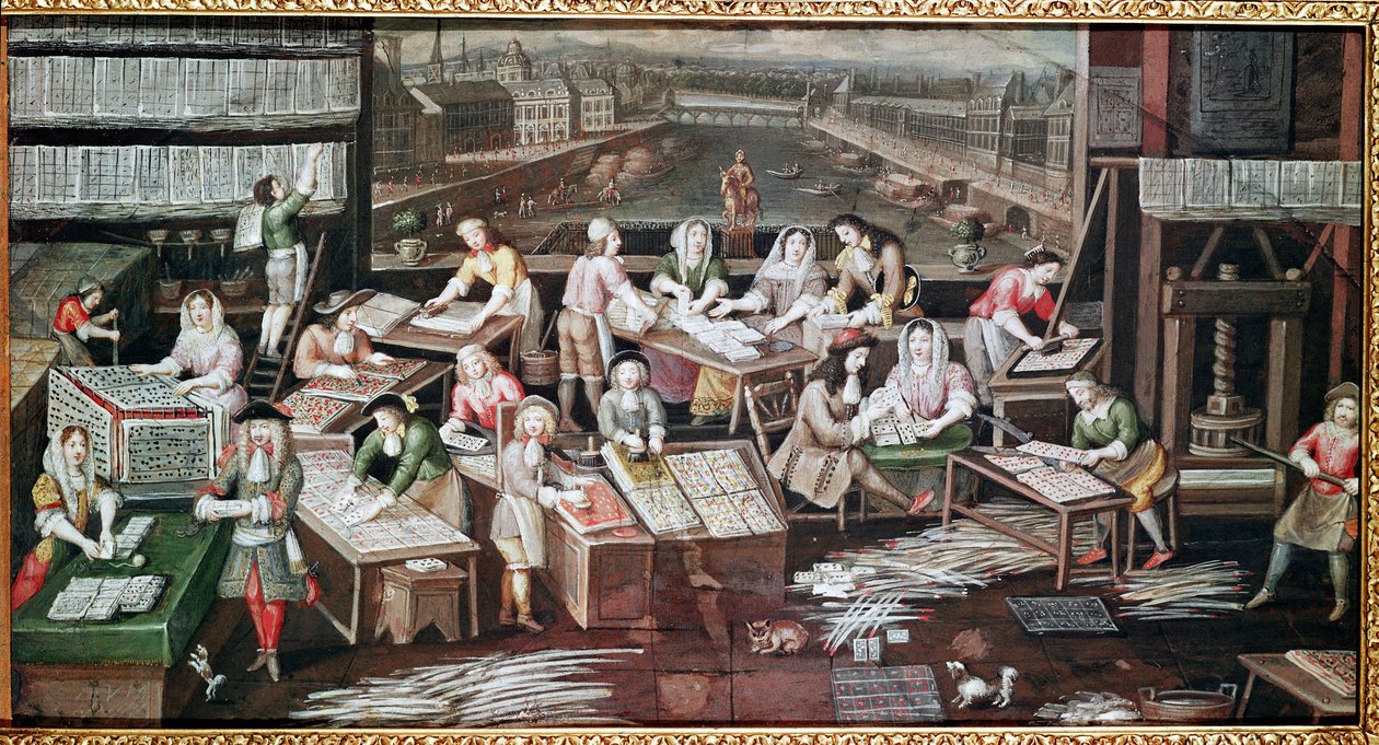 Fabricação de Cartas de Jogo em uma Casa no Place Dauphine (desenho para um ventilador, guache em papel, c.1680) de French School