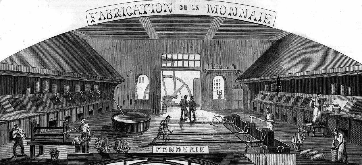 Fabricação de dinheiro: fundição. Gravura em "Le Monde Illustré" n°145 de 21 de Janeiro de 1860. de French School