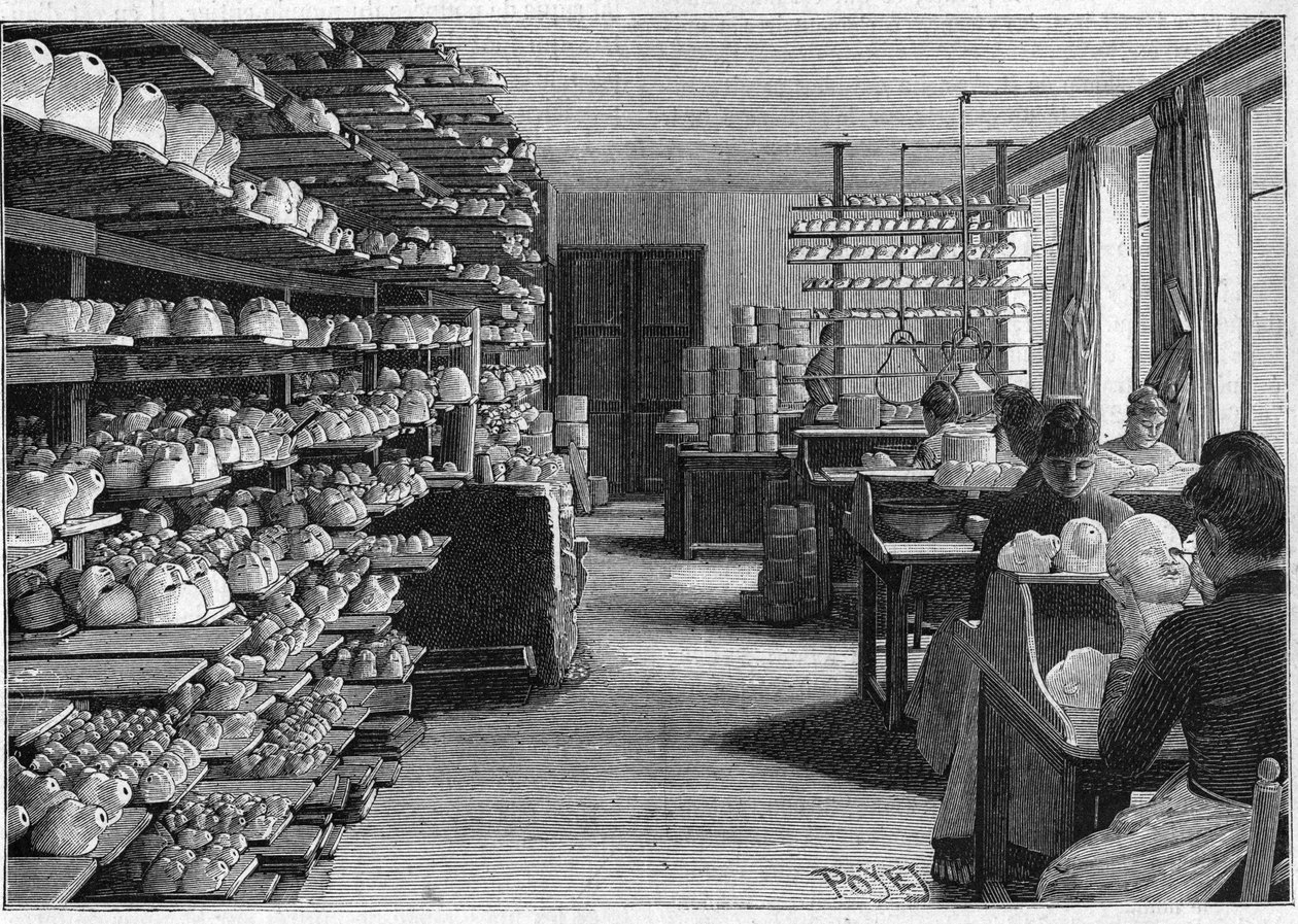 Fabricação de bonecas montreuil em 1888. Espaço para secar as cabeças dos bonecos antes de cozinhar e decupagem dos olhos. de French School