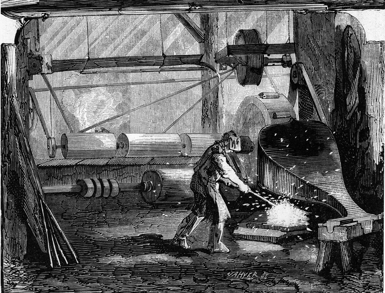 Fabricação de canhões de espingarda: as tiras de ferro são vermelhas em branco. Gravura em "Le Monde Illustré" n°35 de 12 de Dezembro de 1857. de French School