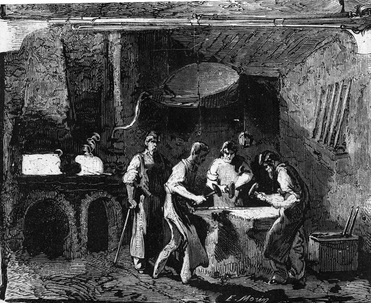 Fabricação de canhões de espingarda: trabalhadores que trabalham o ferro com um martelo, após a fusão, para fazer placas. Gravura em "Le Monde Illustré" n°35 de 12 de Dezembro de 1857. de French School