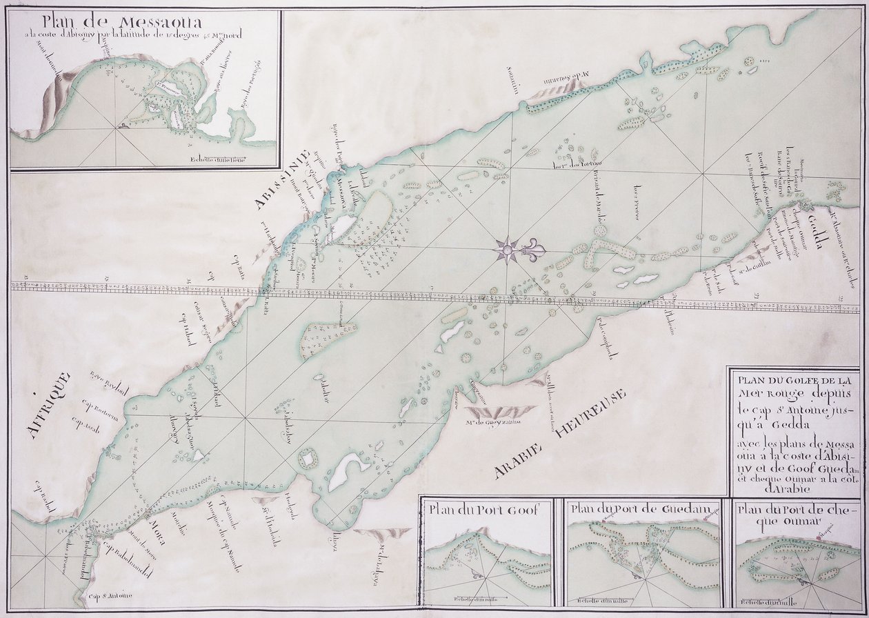 Mapa de manuscritos da porção meridional do Mar Vermelho desde o Chifre da África e Iêmen até Jidá, c.1740 de French School
