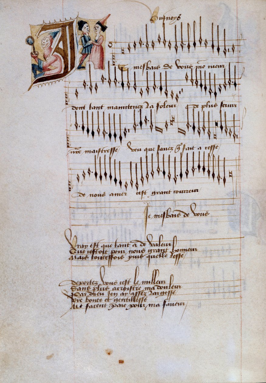 Página manuscrita de uma coleção de partituras de canções francesas. Século XV. Dijon, Biblioteca Municipal de French School